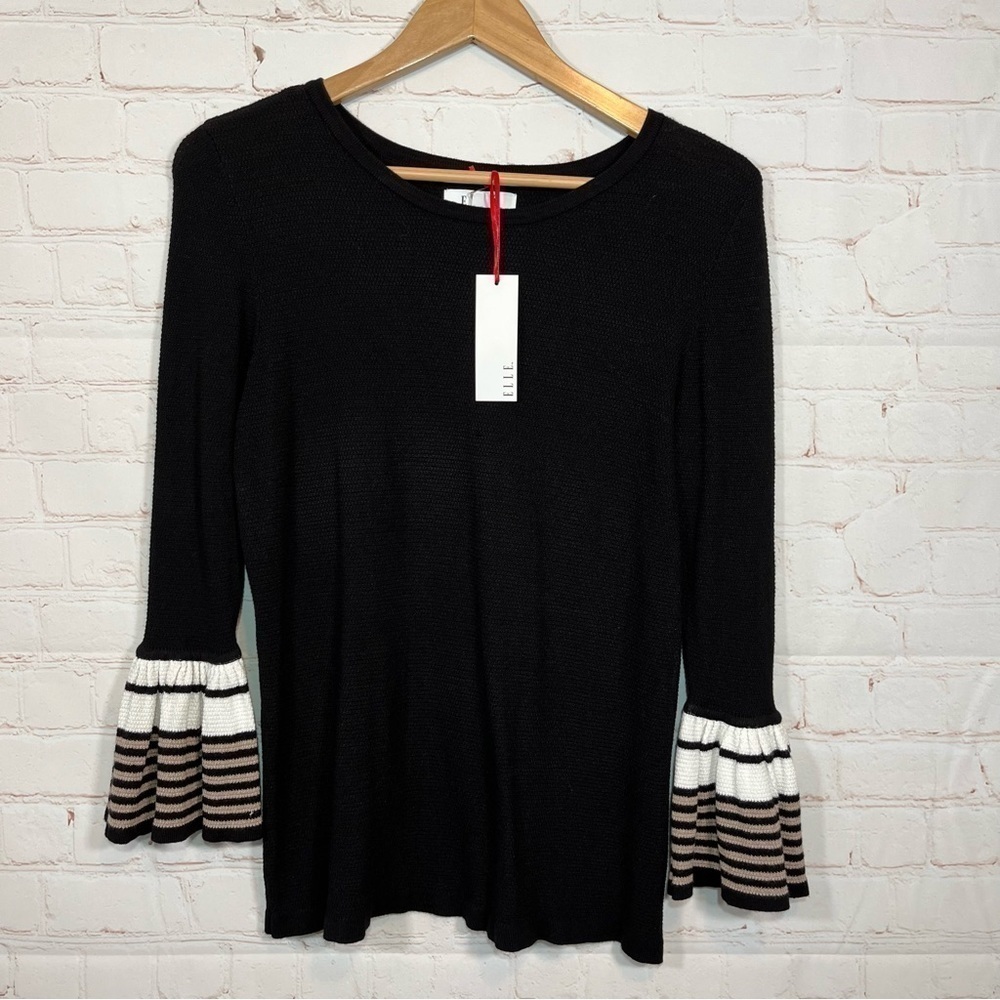 ELLE Shirt Womens Small Black Long Sleeve Bell Sleeve Top Round Neck NWT